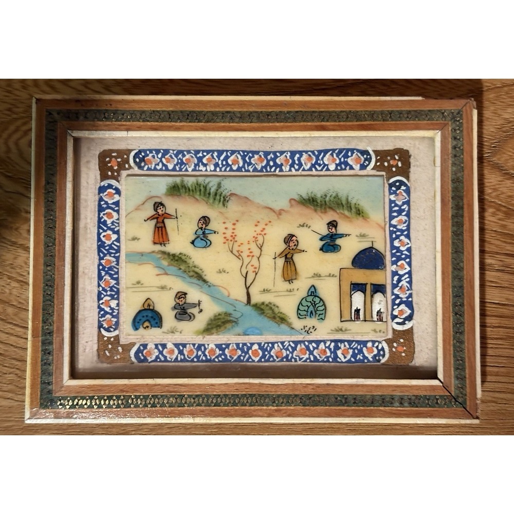 VTG Persian Miniature Painting On Camel Bone Panel In Khatam Frame 6" X 4" OOAK